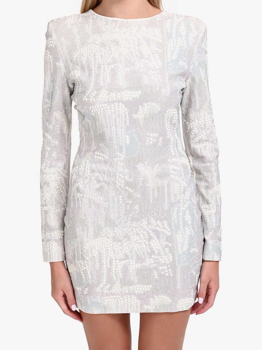 BALMAIN WHITE CRYSTAL BEADED LONG SLEEVE MINI DRESS